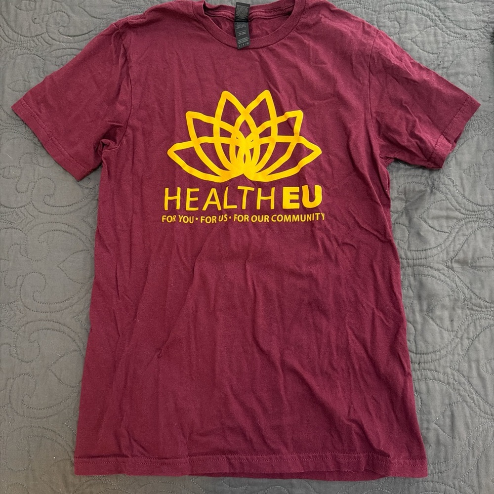 Elon Maroon T-Shirt with Yellow HEALTHEU Graphic